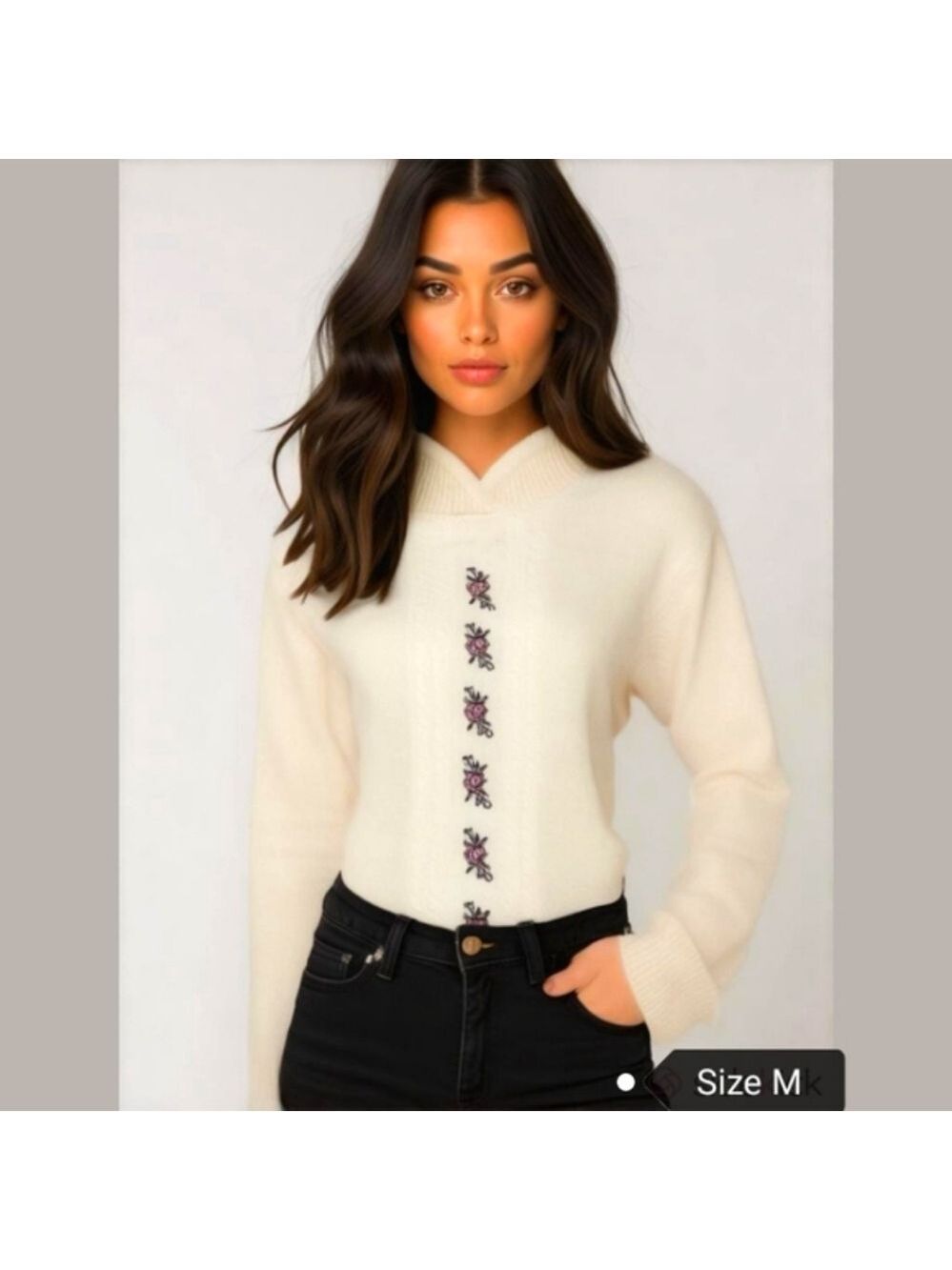 Vintage 80s cream lambswool sweater rose embroidery